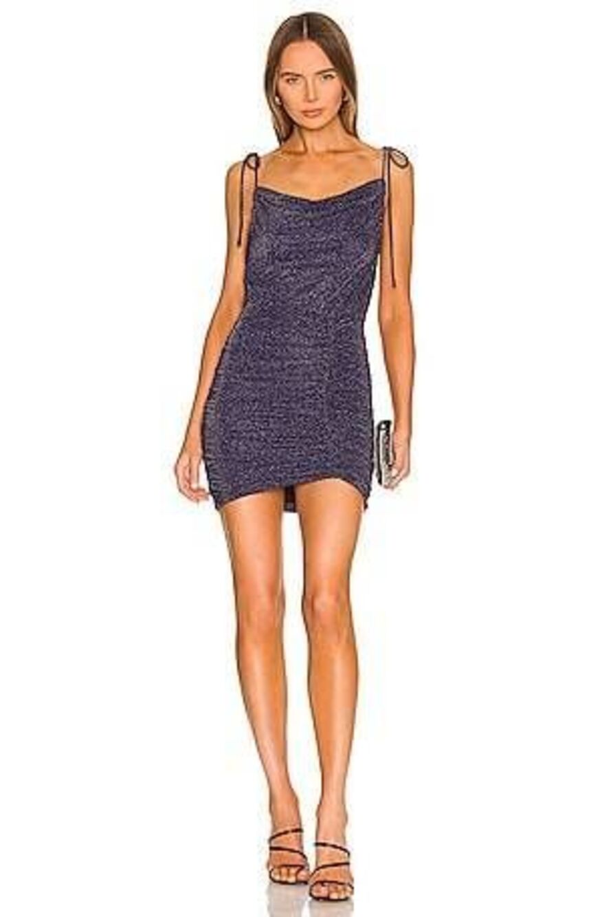 Free People Size Lrge Midnight Blue Silver Sparkle Tie Shoulder Poppy Mini Dress